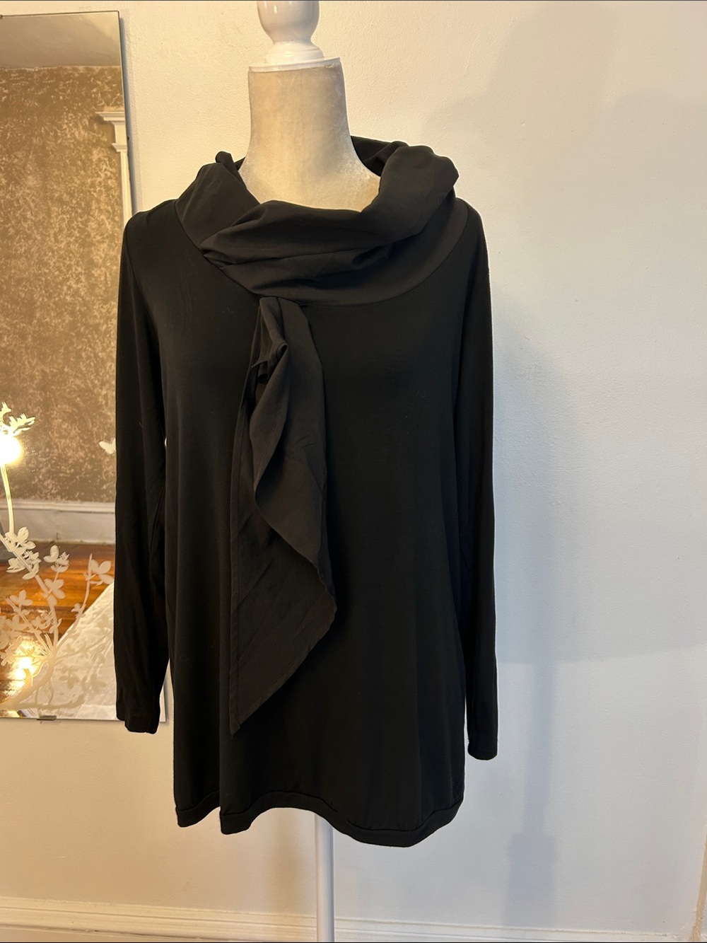 Elegant Black Long-Sleeve Dress with Draped Scarf Neck